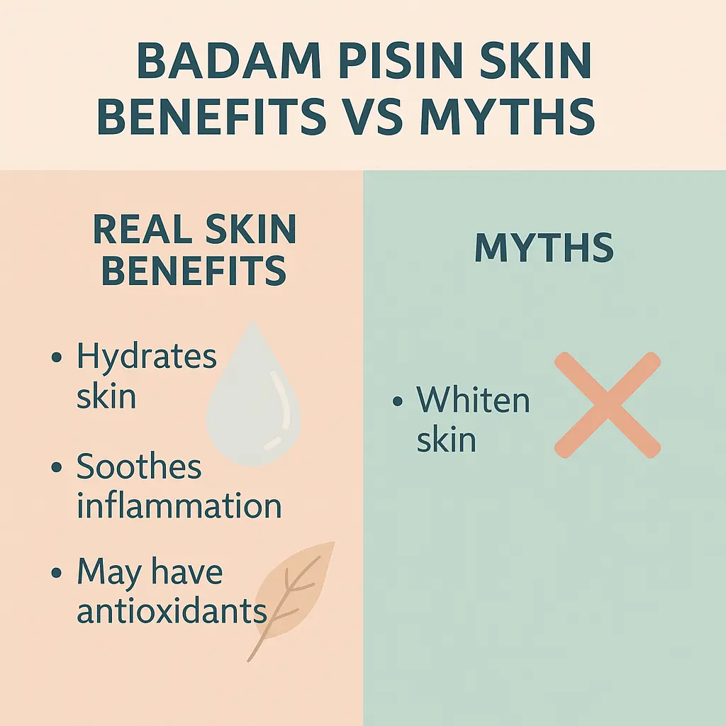 Infographic chart showing real badam pisin skin benefits vs myths about skin whitening