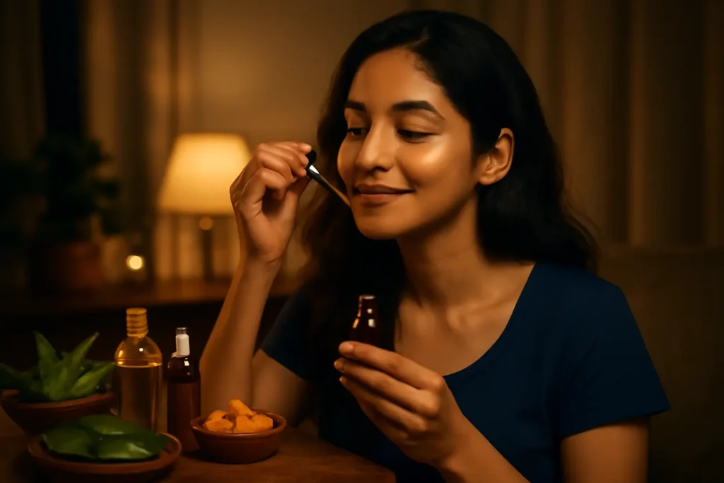 Indian woman applying night serum for glowing skin