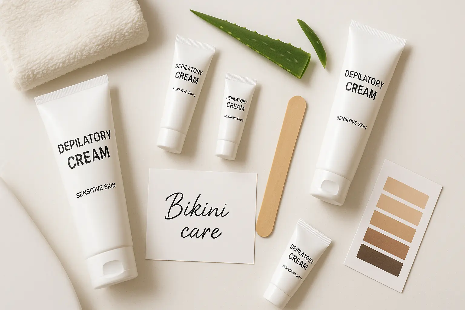 Best Hair Removal Creams for Private Parts — flatlay of gentle depilatory creams and aftercare