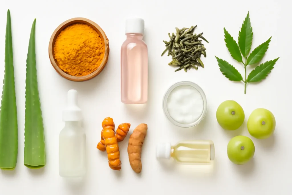 Flatlay of best natural skincare ingredients in India