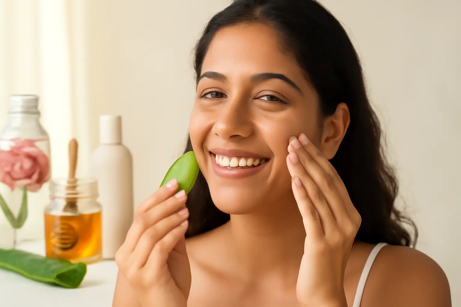 Young Indian woman applying aloe vera gel for hydrated glowing skin.