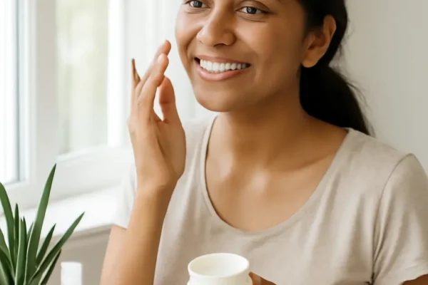 Morning Skincare Routine for Glowing Skin (India 2025) Indian woman applying moisturizer in morning skincare routine for glowing skin