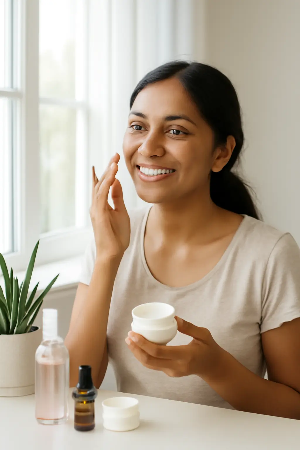 Indian woman applying moisturizer in morning skincare routine for glowing skin