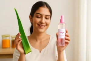 Indian woman holding aloe vera and rose water for skincare