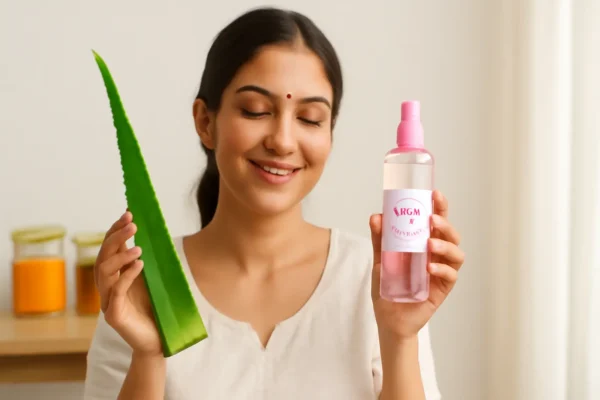 Best Natural Ingredients for Indian Skin (Glowing Skin 2025) Indian woman holding aloe vera and rose water for skincare
