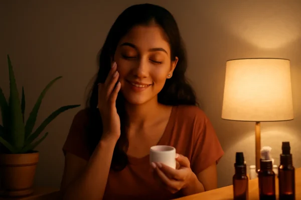 Night Skincare Routine with Natural Ingredients (India 2025) Indian woman applying moisturizer at night as part of skincare routine
