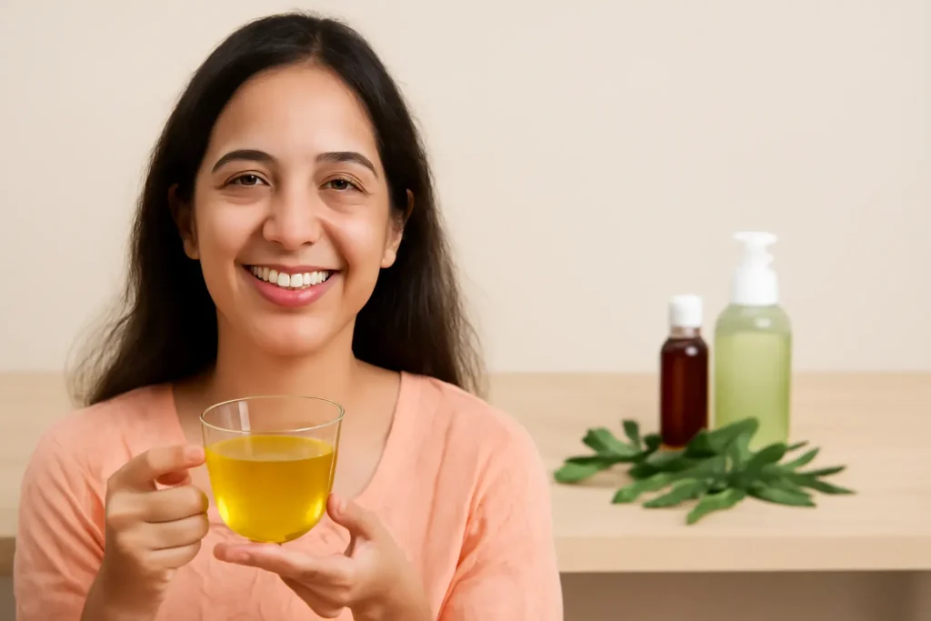 Indian woman with green tea and neem skincare items