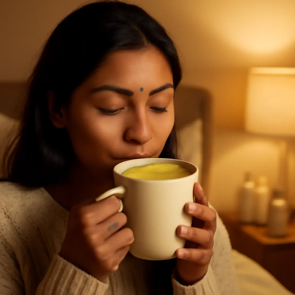 Indian woman drinking turmeric milk as part of night skincare lifestyle