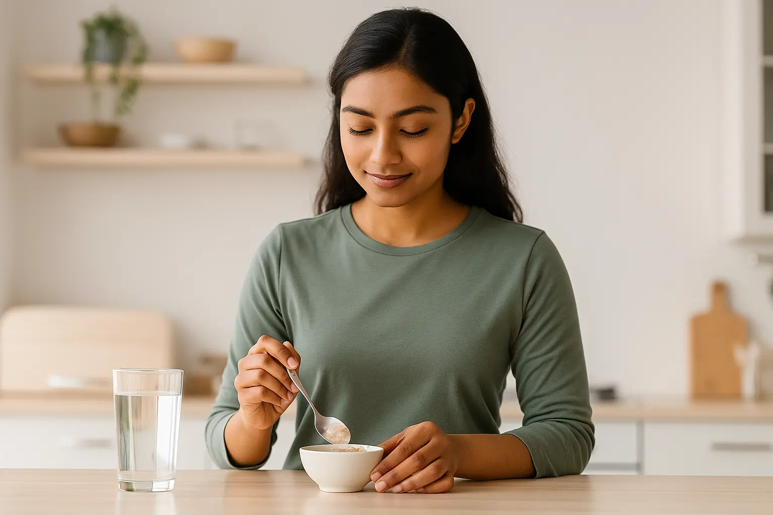 Smart Indian woman preparing how much badam pisin per day in a kitchen setting