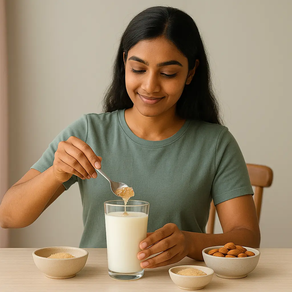 Indian woman serving how much badam pisin per day mixed with milk