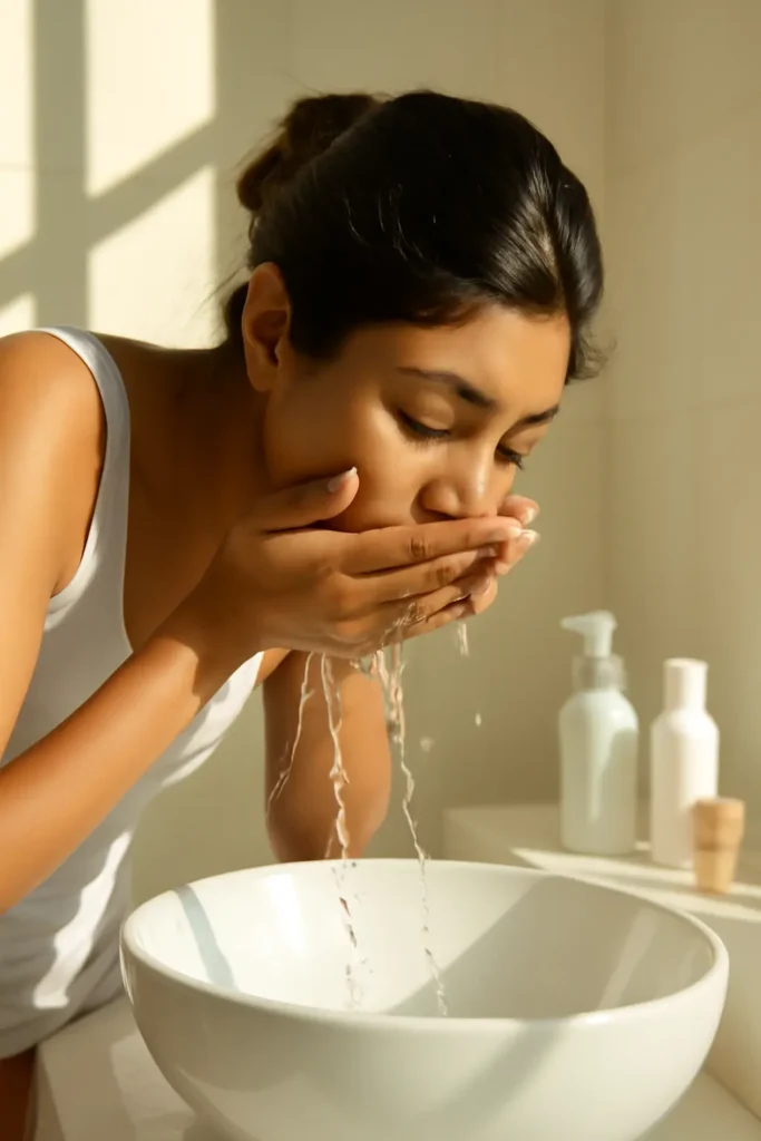 Morning Skincare Routine: Indian woman cleansing face as part of morning skincare routine