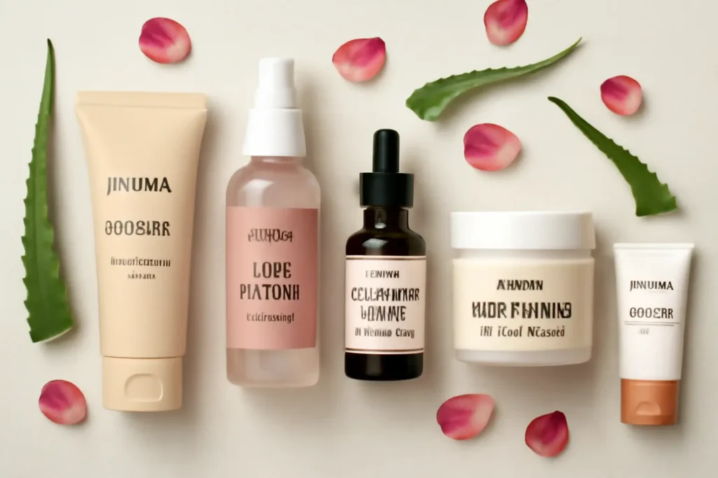 Flatlay of organic skincare products for morning routine in India
