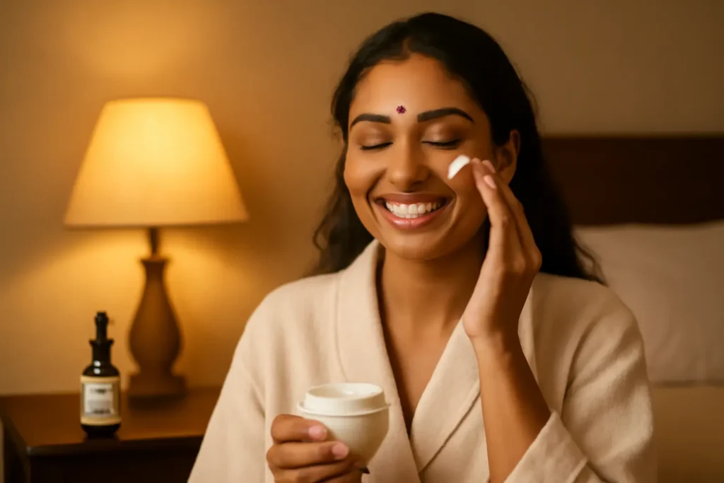 Woman applying night cream for glowing skin in India