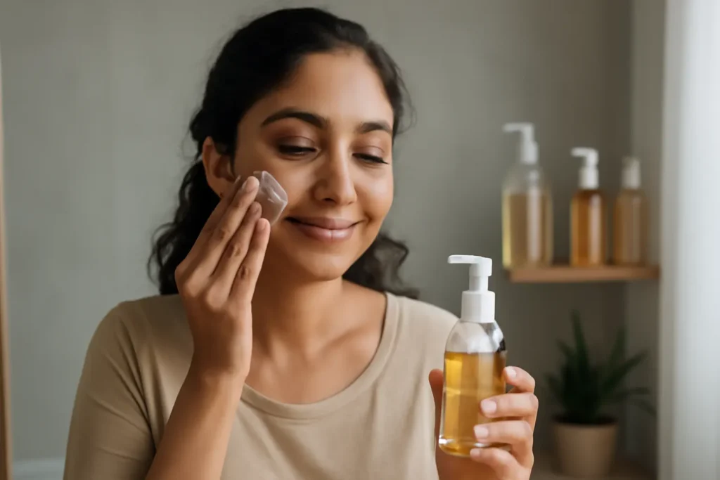 Woman using cleansing oil at night skincare routine in India