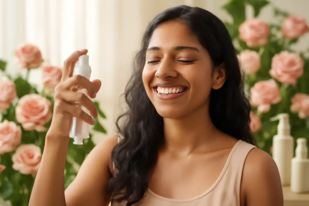Indian woman using rose water toner for hydration.