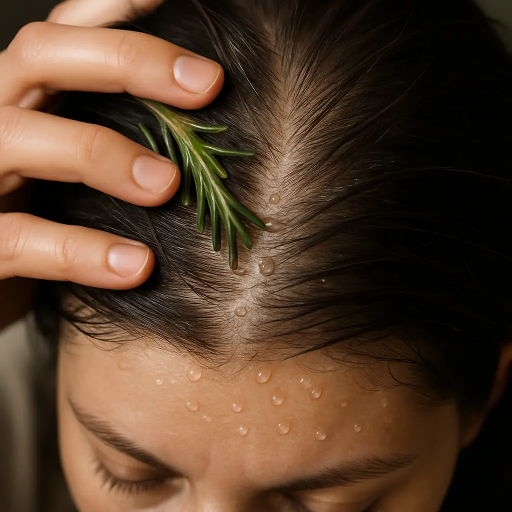Massaging rosemary water for hair growth into the scalp to boost circulation