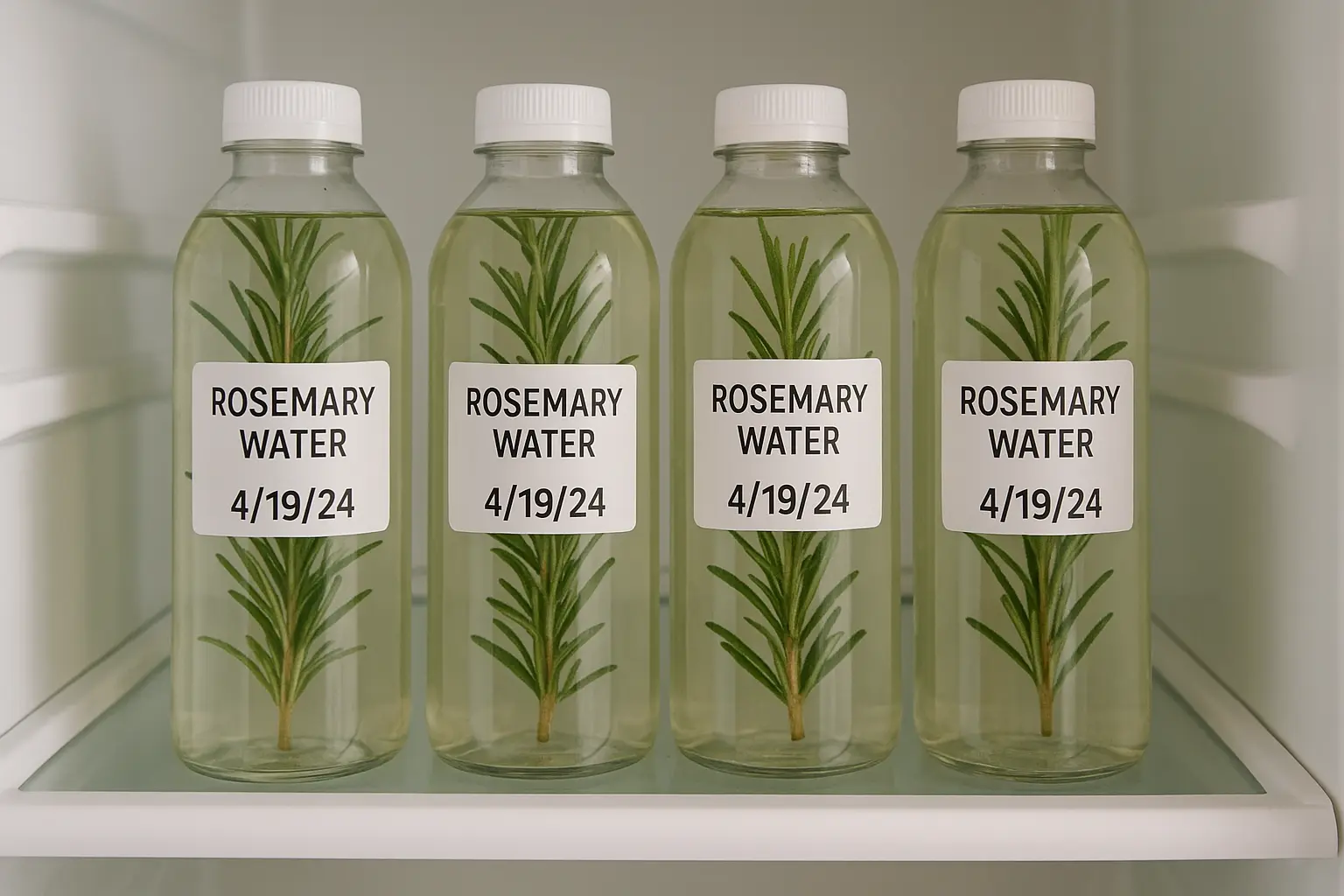 Proper storage of homemade Rosemary Water for Hair Growth bottles in fridge