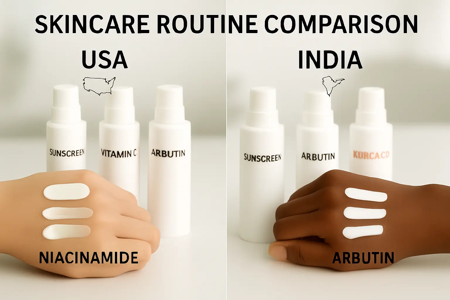 Featured hero showing USA and India skincare approaches with vitamin C, niacinamide, arbutin, kojic acid, and sunscreen