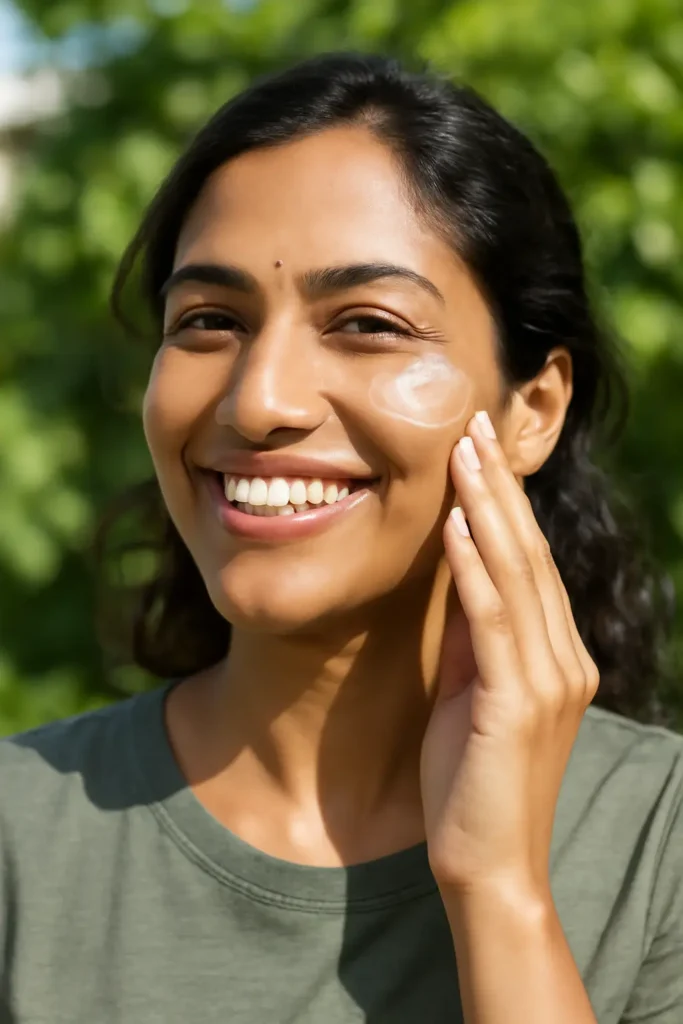 Indian woman applying gel sunscreen outdoors in sunlight