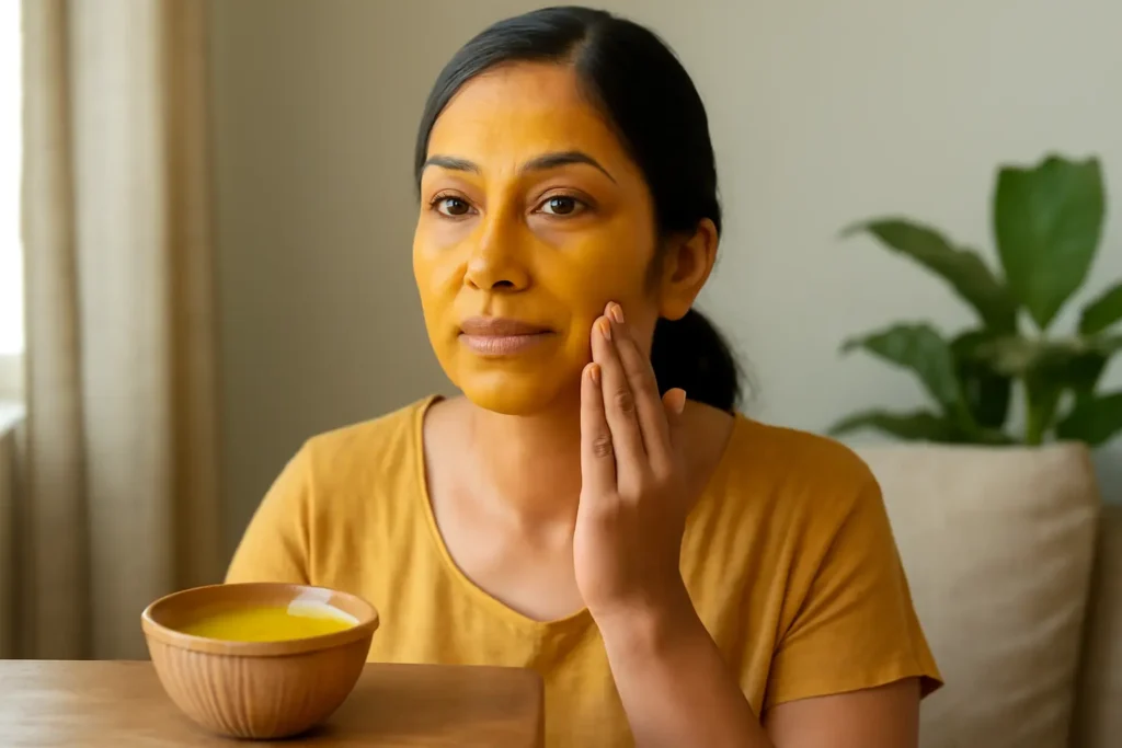 Indian woman applying DIY turmeric honey mask