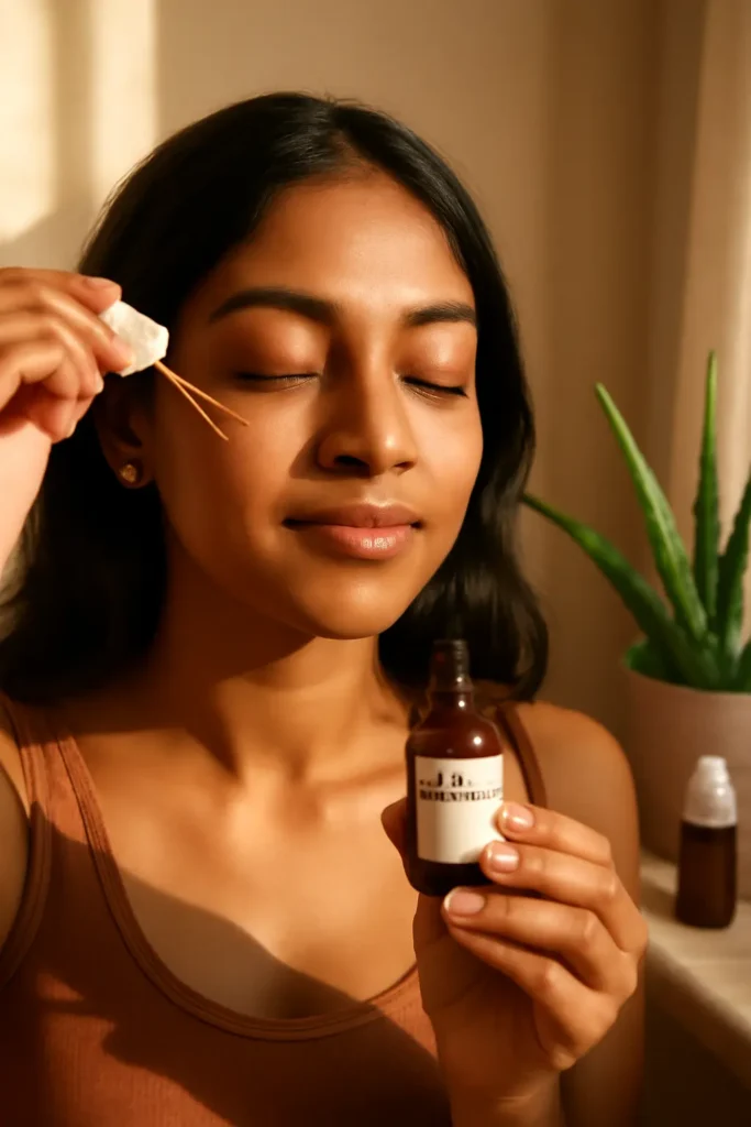 Woman applying Vitamin C serum in morning skincare routine