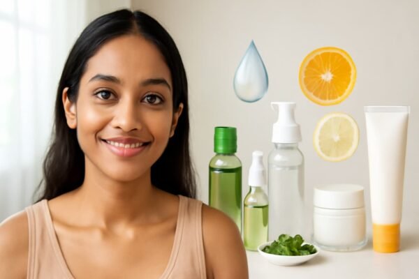 ब्यूटी टिप्स – Well Health Organic | ग्लोइंग स्किन इंडिया 2025 मुस्कुराती युवती के साथ प्राकृतिक स्किनकेयर प्रोडक्ट्स—क्लींज़र, टोनर/सीरम, मॉइस्चराइज़र और सनस्क्रीन; हाइड्रेशन की बूंद व संतरा‑नींबू के आइकन दिखते हैं।
