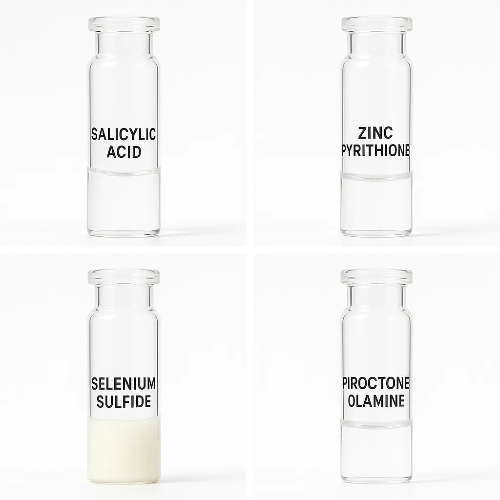 Salicylic acid, zinc pyrithione, selenium sulfide, piroctone olamine ingredient grid for Best Shampoo for Oily Scalp in India.