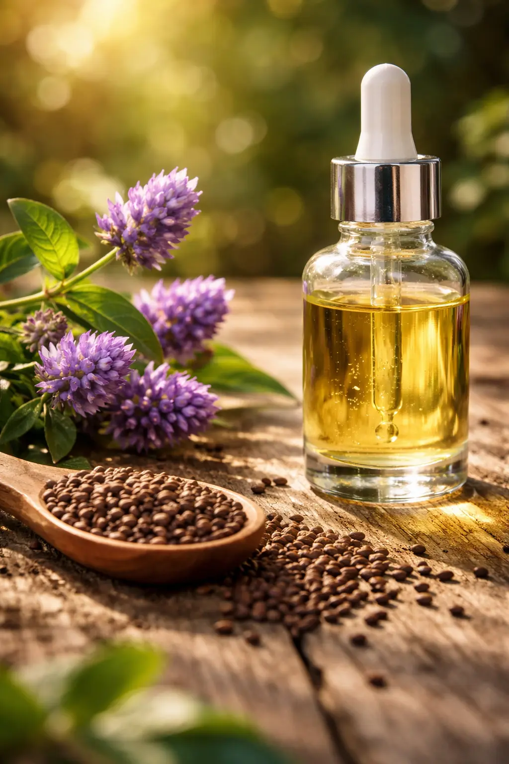 Psoralea corylifolia Babchi plant seeds and flowers, the natural source of Bakuchiol serum.