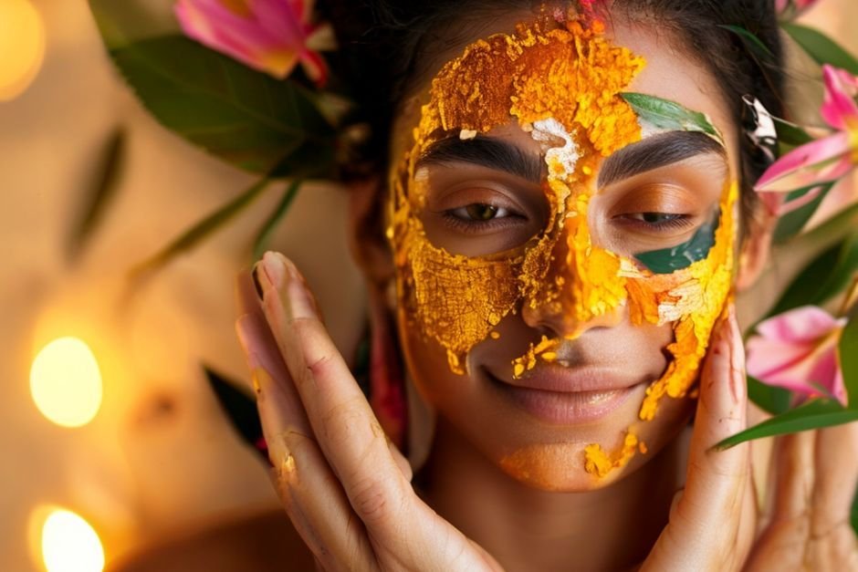 Indian woman with glowing skin using natural Ayurvedic remedies including turmeric, sandalwood and neem for radiant complexion