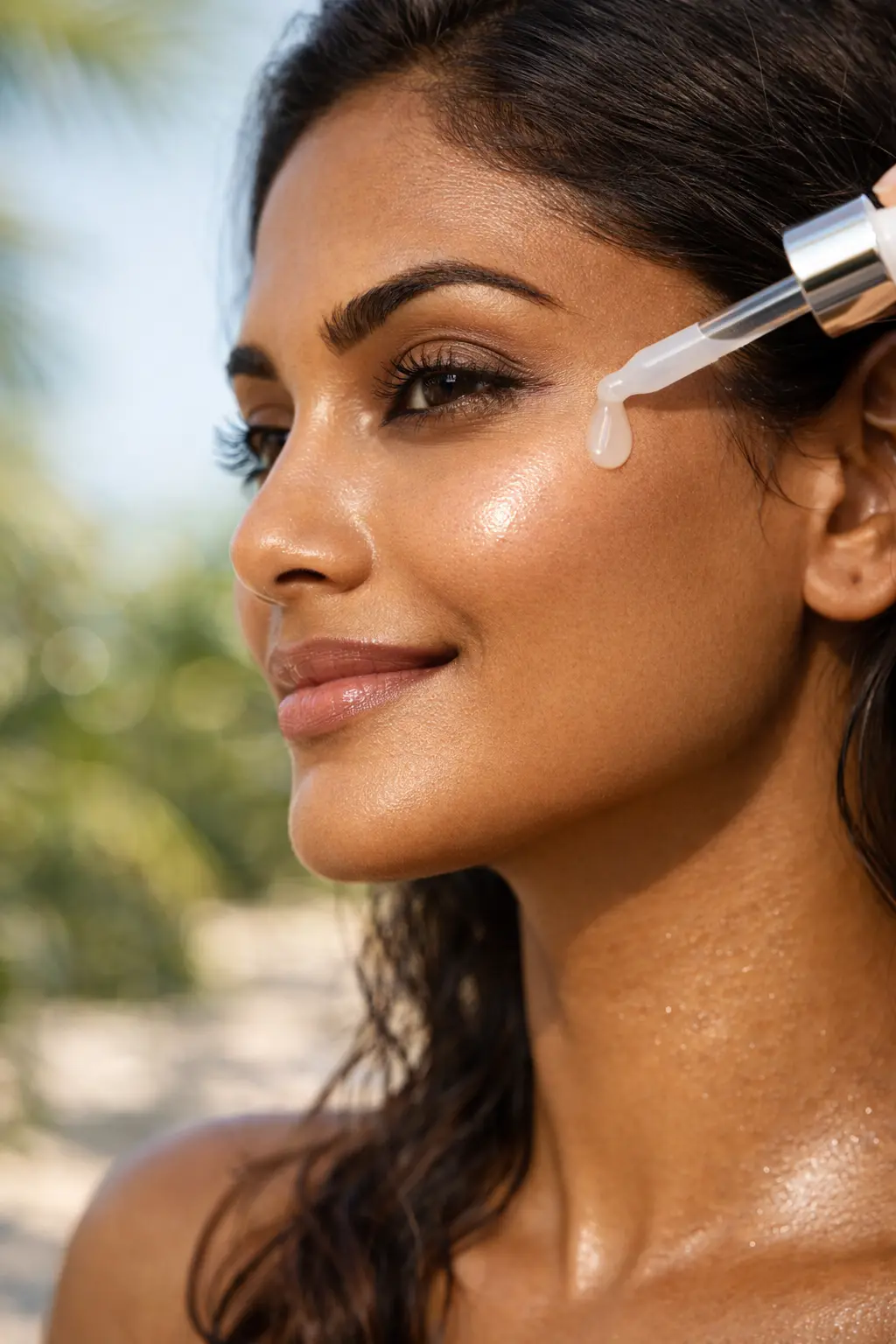 Woman with Indian skin applying Bakuchiol serum for glow and pigmentation reduction.
