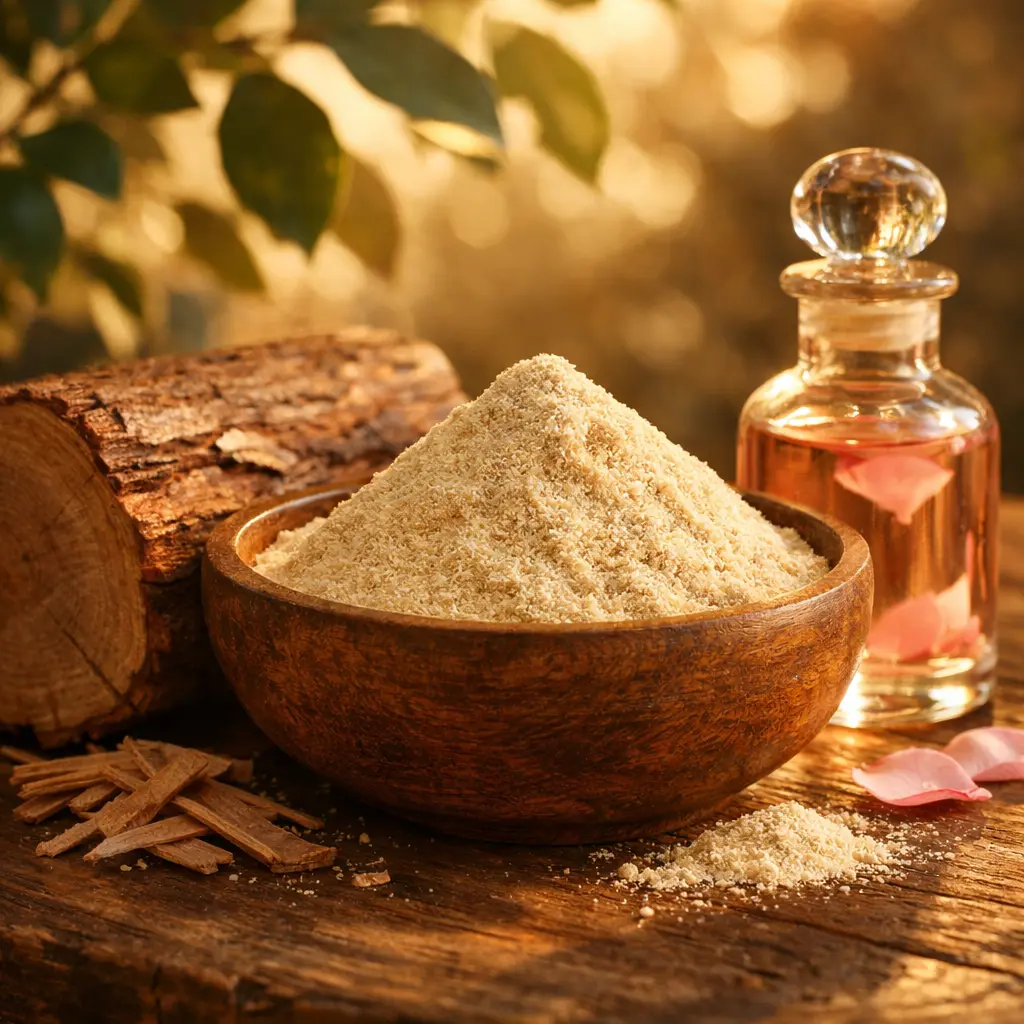 Organic sandalwood powder in a wooden bowl with raw chandan log and rose water, representing sandalwood powder for face benefits.